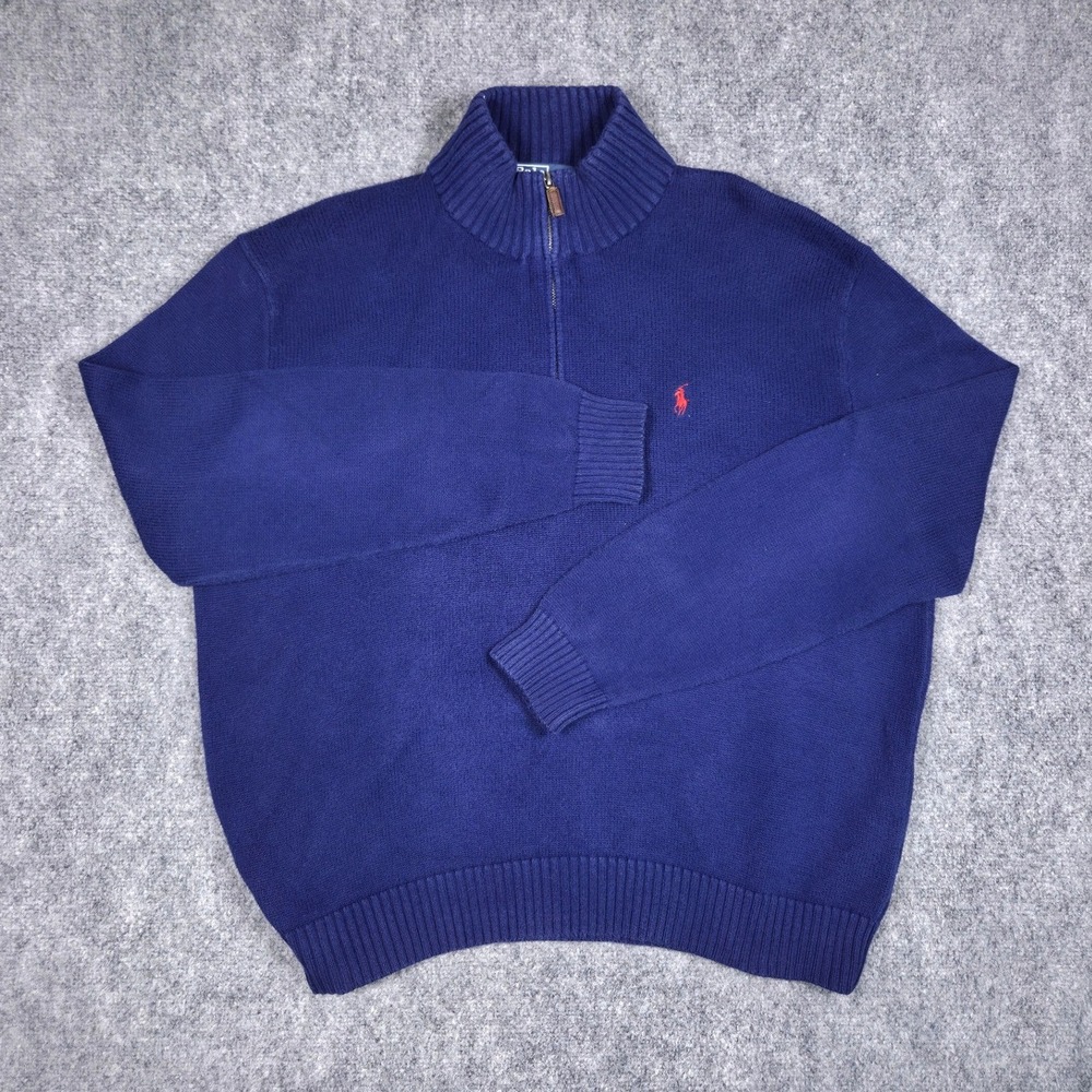 Polo Ralph Lauren Quarter Zip Sweater Mens XL Blue Cotton Pony Logo Pullover